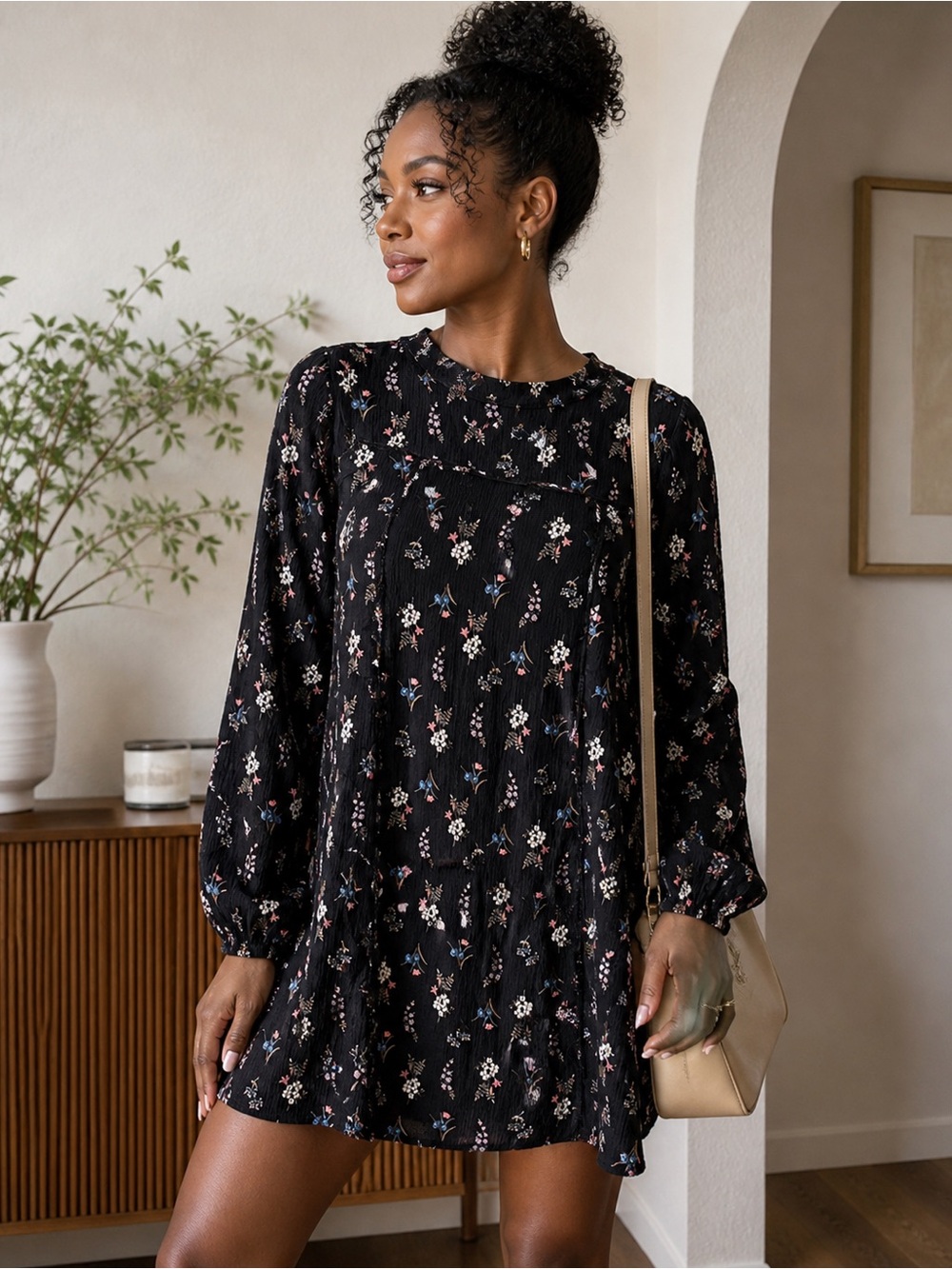 H&M Black Floral Peasant Blouse with Pink & Blue Blossoms